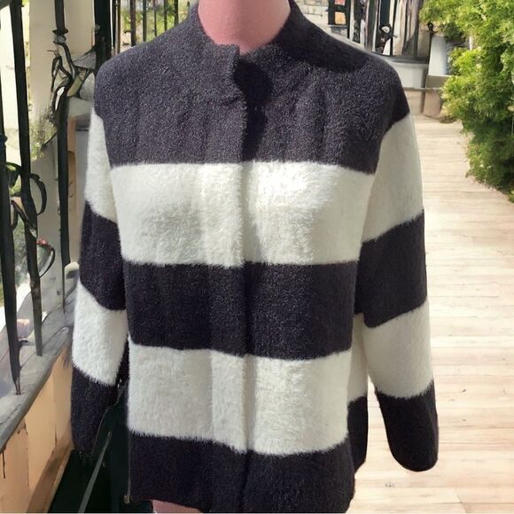MELLODAY NWT WOMENS MOCK JACKET SWEATER BLACK IVORY STRIPED SOFT FUZZY SMALL - Picture 2 of 8